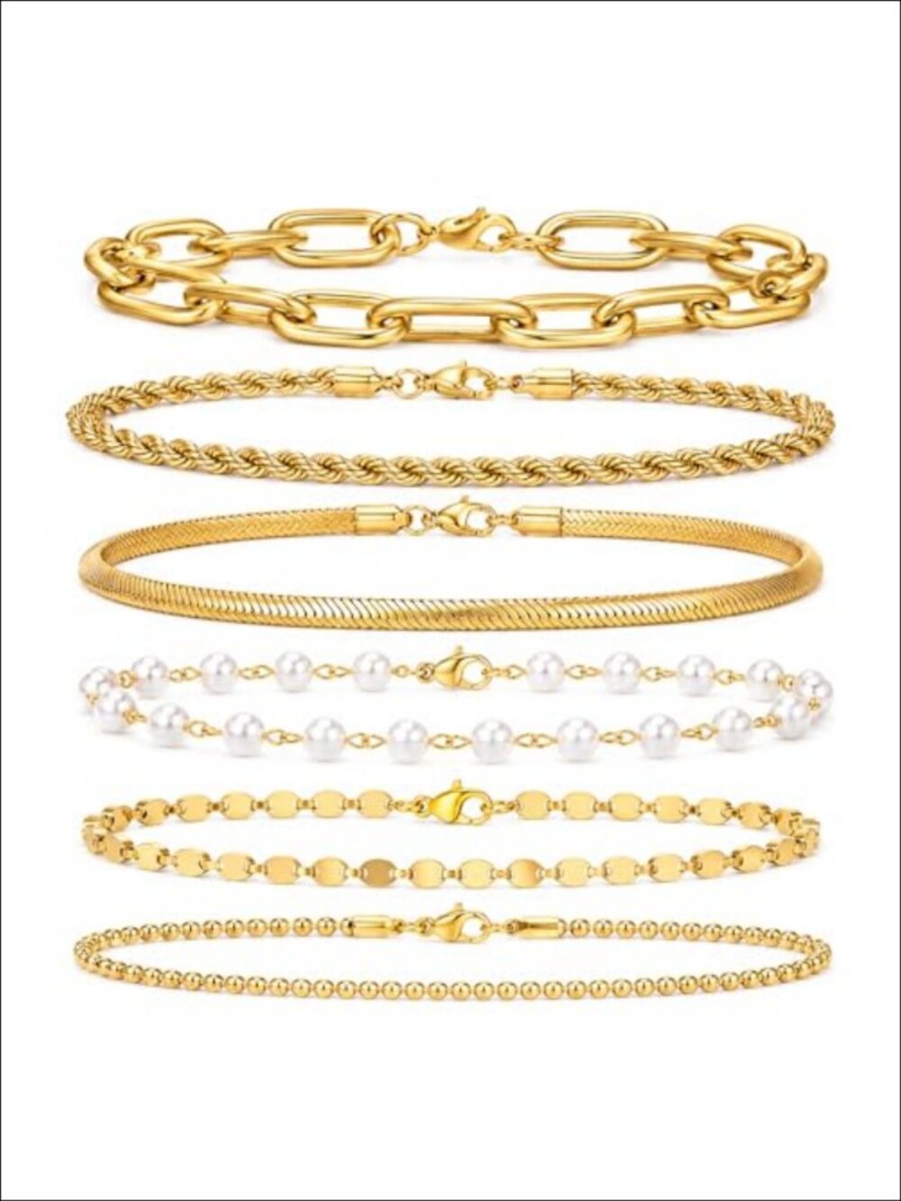 Non Tarnish Waterproof Gold Bracelet Stack 6Pc Cuban Link Beaded Pearl Set